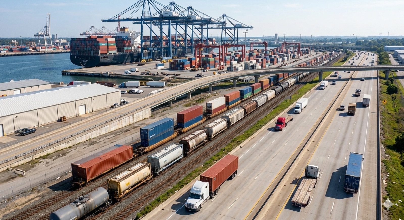 Container trains and trucks at a deep-water port