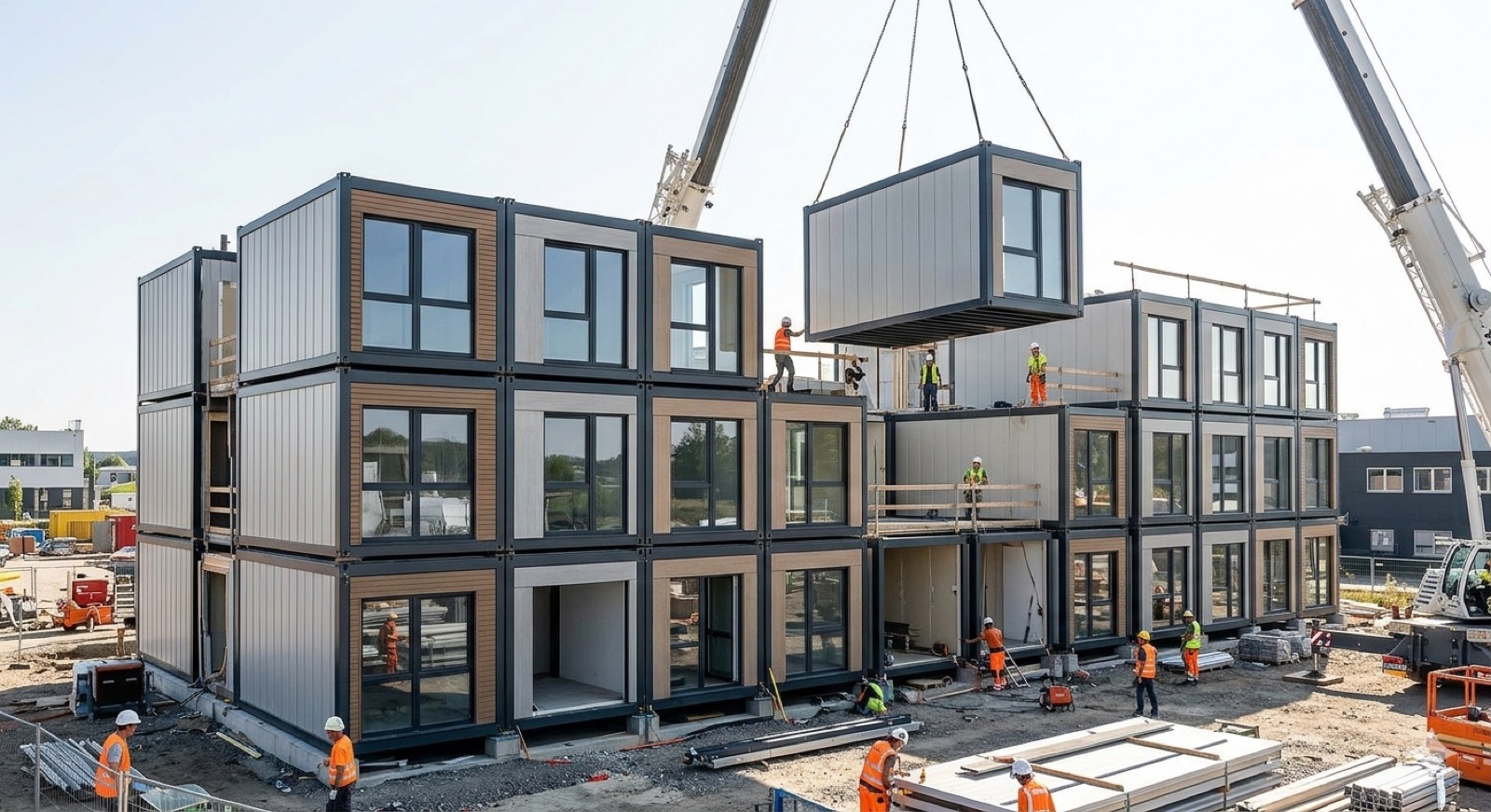 Modular container buildings being lifted into place by crane